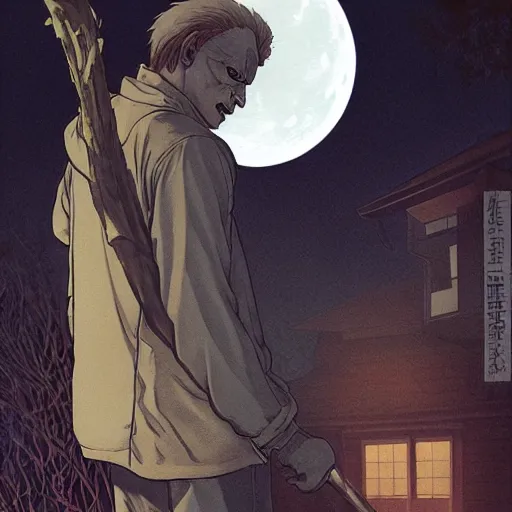 Image similar to michael myers in outside the myers house, halloween night, finely illustrated pale mask, moon light, shrubs, highly detailed, colored pencil, gainax, tankobon, in the style of ilya kuvshinov and yoshiyuki sadamoto and william - adolphe bouguereau and alphonse mucha