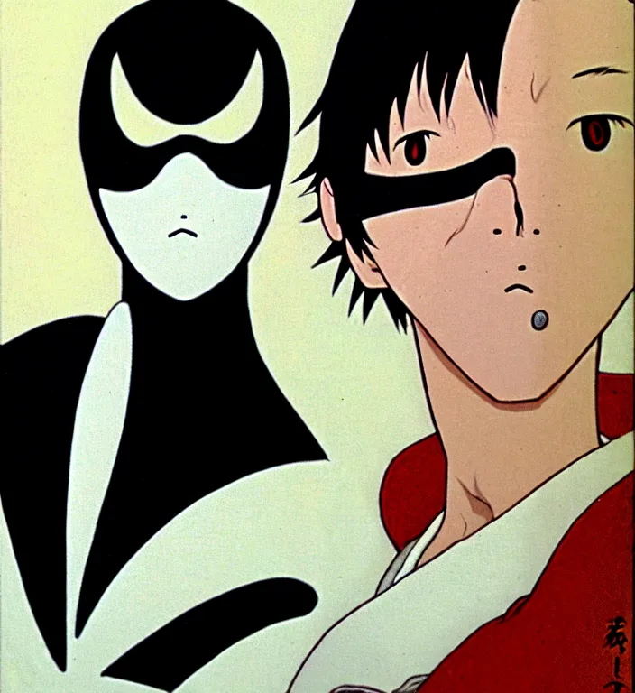 Image similar to white man with black fabric mask, short dark hair, true anatomy!, art by hayao miyazaki
