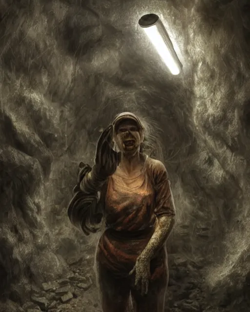 Prompt: a coalminer woman covered in coal dust in a mine lit by kerosene lamps, sweaty and gross pioneer work, scary cave lighting, detailed face, by makoto shinkai, stanley artgerm lau, wlop, rossdraws