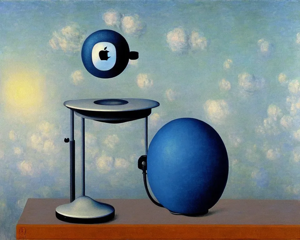 Image similar to achingly beautiful painting of a imac g 3 by rene magritte, monet, and turner. whimsical.