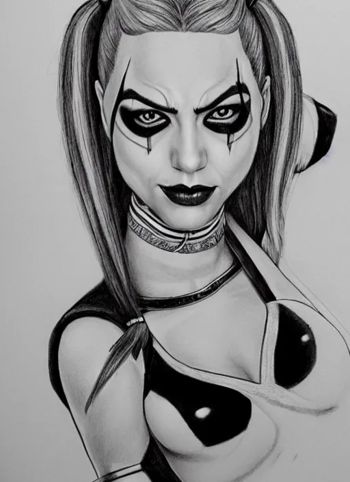 Image similar to a pencil drawing of harley quinn, highly detailed