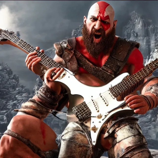 Prompt: kratos rocking out on a stratocaster guitar, cinematic render, god of war 2 0 1 8, playstation studios official media, sunglasses