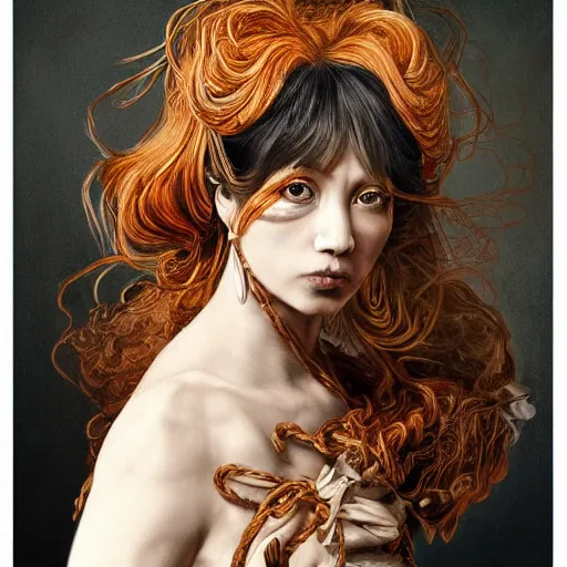 Image similar to portrait of a Shibari rope wrapped face and neck, headshot, insanely nice professional hair style, dramatic hair color, digital painting, of a old 18th century, Royal Emperor, amber jewels, baroque, ornate clothing, scifi, realistic, hyperdetailed, chiaroscuro, concept art, art by Franz Hals and Jon Foster and Ayami Kojima and Amano and Karol Bak,