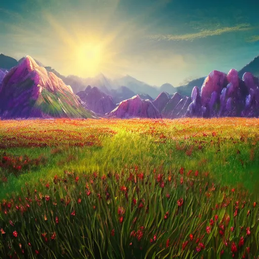 Image similar to field of flowers sun day mountains artstation unreal ingine