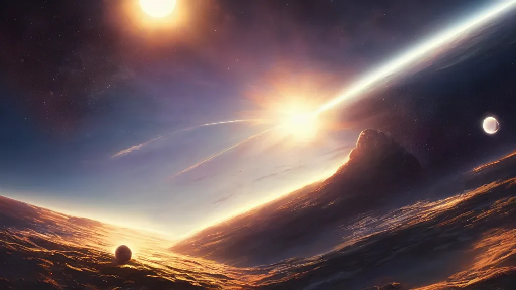 Image similar to A view from earth of three suns in the sky, art by Jessica Rossier,