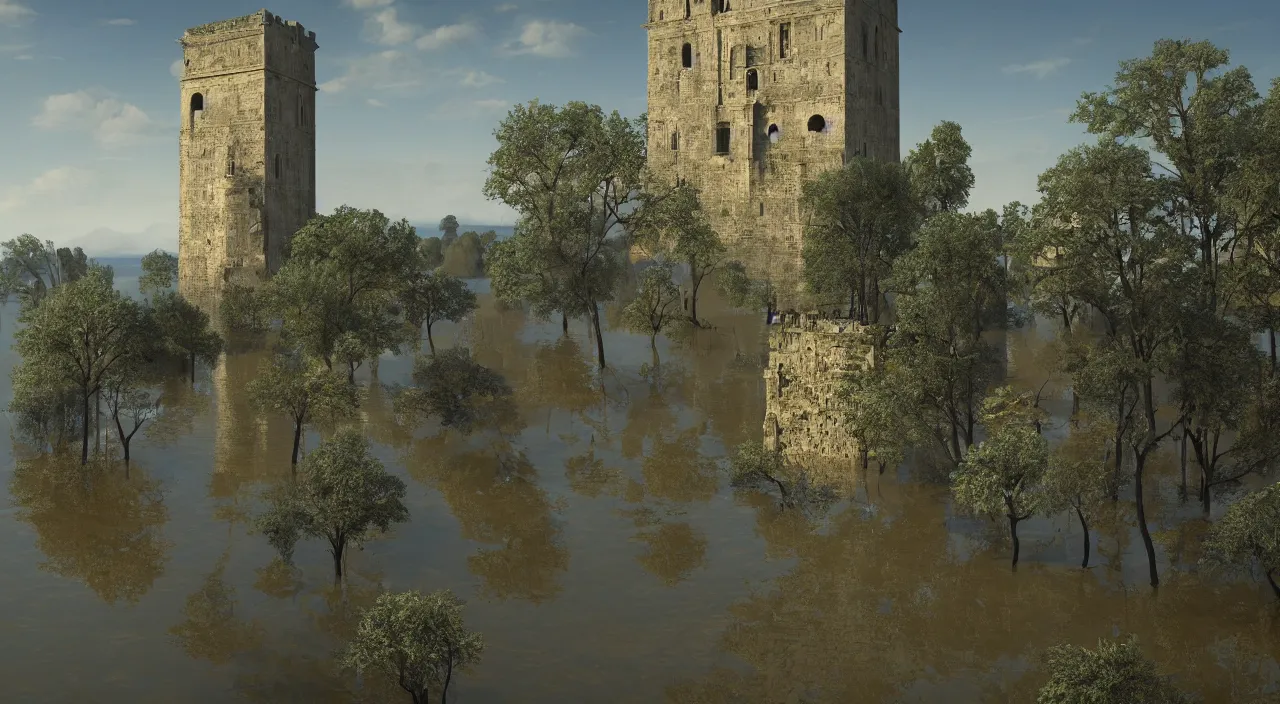Prompt: flooded ancient tower, a high contrast!! ultradetailed photorealistic painting by magritte, highly detailed, dark shadows, sunny day, full - length view, vibrant colors, perfect composition and lighting, award winning masterpiece, trending on artstation, 4 k octane render