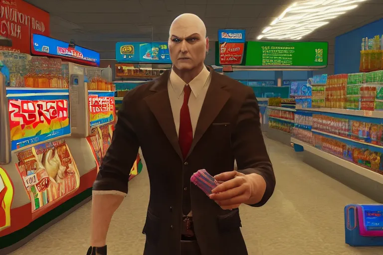 Prompt: agent 4 7 ordering a slurpee at 7 1 1, ps 5 god of war screenshot