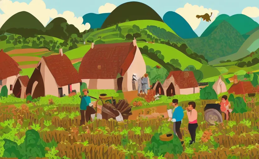 Prompt: some villagers busy farming in a small village in a valley, a dragon approaching from a distance, vector, storybook, muted colors, gouache, flat poster, sharp edges, print