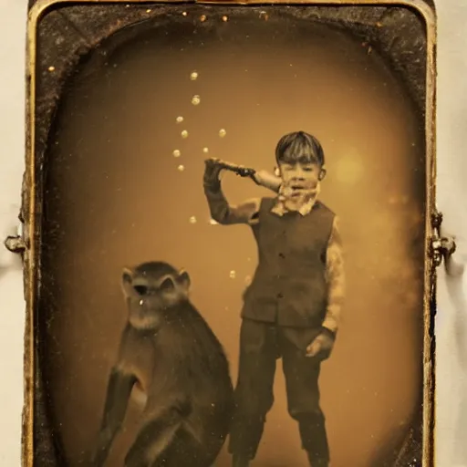 Prompt: tintype photo, underwater with bubbles, monkey rides a jellyfish