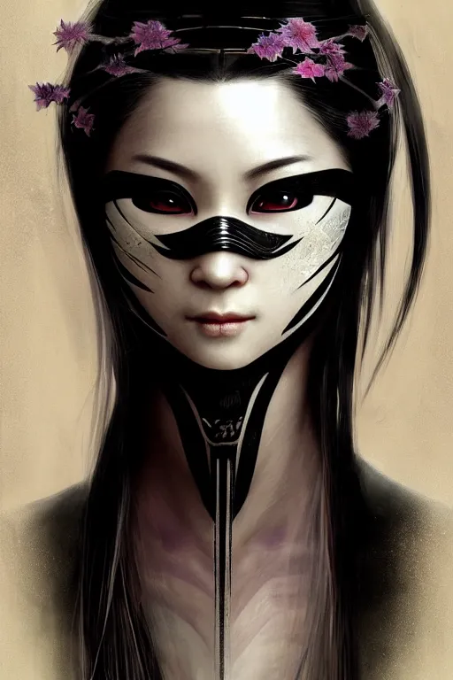 Prompt: beautiful ultradetailed young female ninja portrait, wearing mask of Ninja, black magic and mystery and evil and stunning, reference from video game Far East of Eden+smoky eyes+light flowing hair, ssci-fi, fantasy, in mudra and firefly night ruin tokyo temple, ultradetail face, art and illustration by craig mullins and tian zi and WLOP and alphonse mucha, human structure, intricate complexity, fantasy world concept, watermark, blurry, hyperrealism 8k