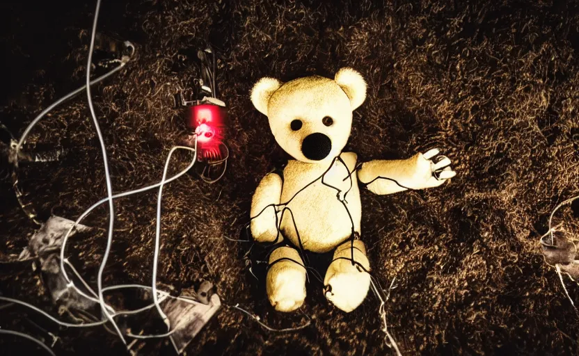 Prompt: laying teddy bear, dirty fur, robotic, sad eyes, hole in fabric, wires coming out, circuit, electricity, mud, outdoor, dirt, neon lights, glow sticks, realistic photography