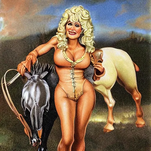 Prompt: a centaur with the head of Dolly Parton