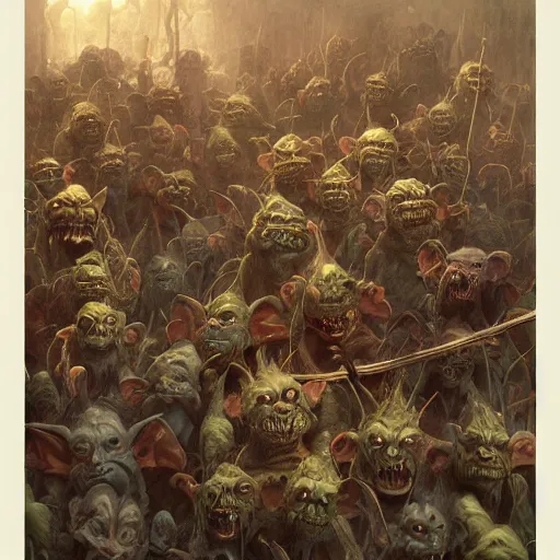 Image similar to a horde of goblins, dark atmosphere, humorous, grotesque, muted color, detailed, octane render, golden ratio, by brian froud, by jean - baptiste monge