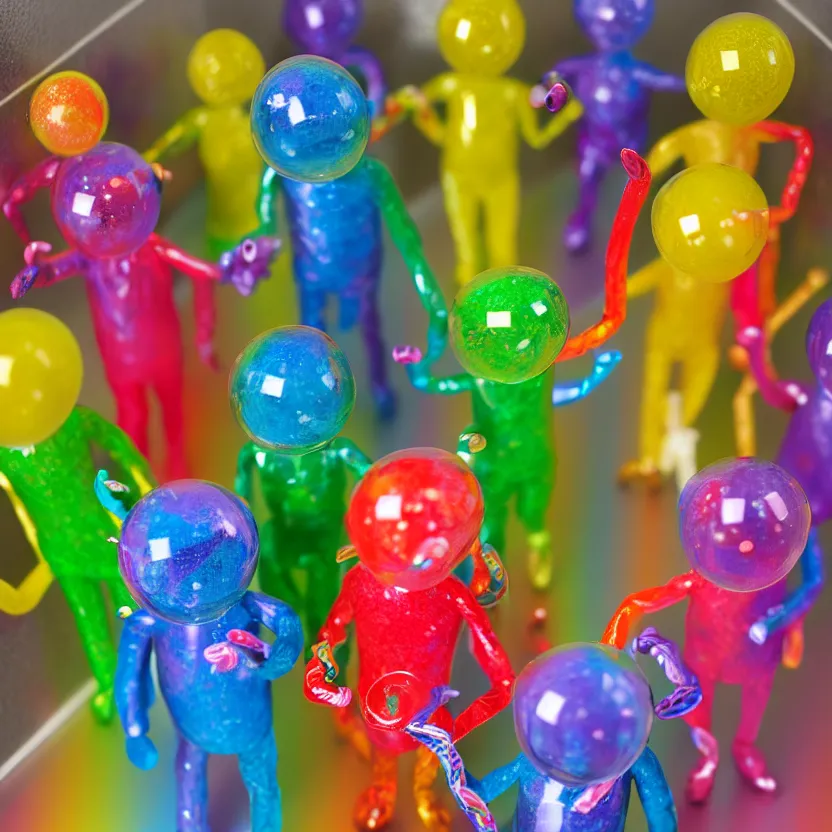 Prompt: photo of rainbow cellophane tape creatures inside a bathroom, hdr, high - quality, highly detailed, 1 6 k