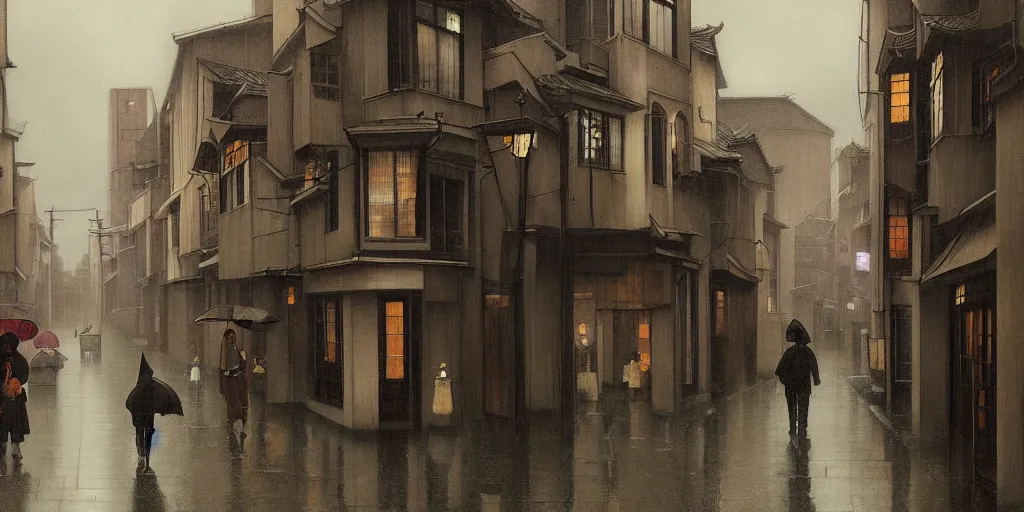 Image similar to a typical japanese city street in the rain, vermeer painting, dark academia aesthetic, matte painting, photorealistic, grey overcast day, by gerard brom