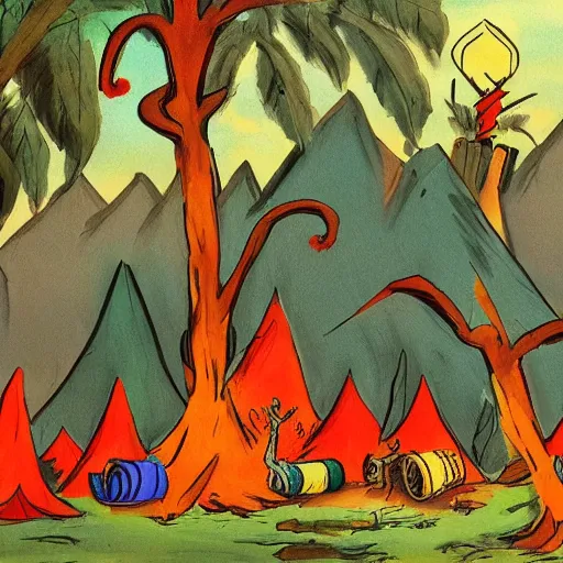 Prompt: painting of a campsite by dr seuss | horror themed | creepy