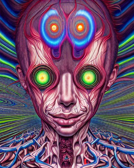 Image similar to human spirit breaking away, conjuring psychedelic background, part by shintaro kago, part by alex gray, ross tran, james jean, ultra realistic, highly detailed, 8 k, trending on artstation, symmetry