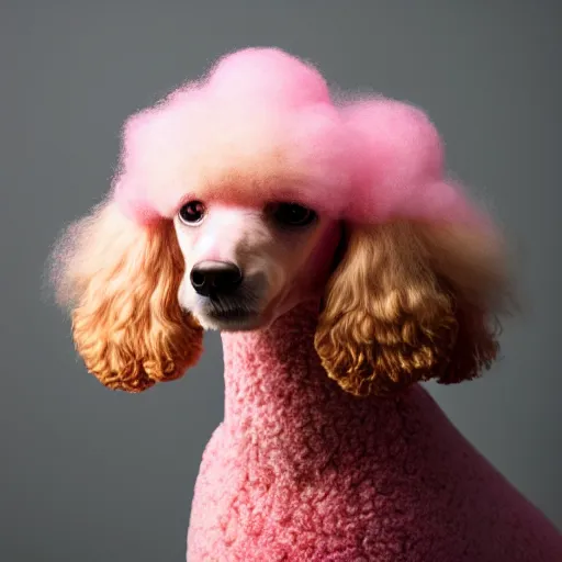 Image similar to studio photo of a poodle made of pink cotton candy. backlit, studio lighting, canon 85mm f1.4 lens