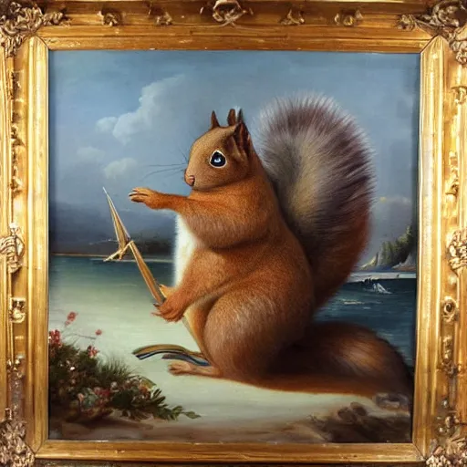 Image similar to a giant fluffy squirrel carrying napoleon bonaparte on its back, beach scene, flowers and foliage, detailed oil painting