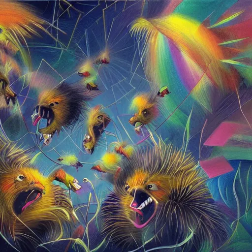 Prompt: porcupines attack with rainbow flutes and emergent light, by dave mckean, 4 k, oil on canvas, trending on artstation,