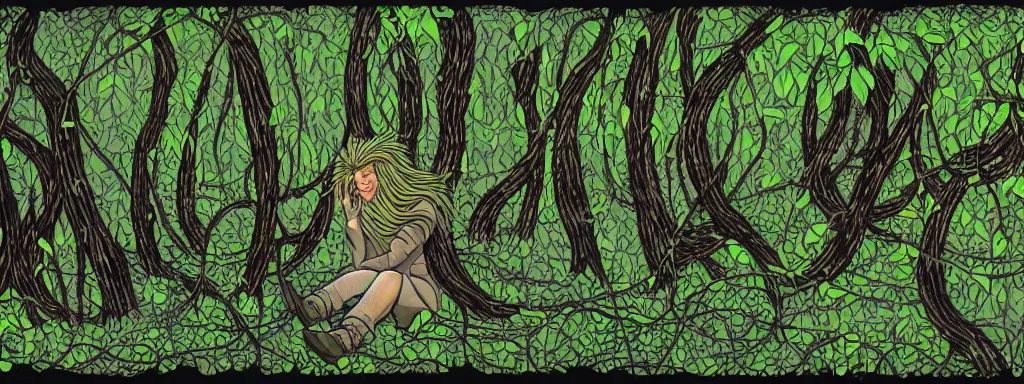 Prompt: a grunge technogaianist long-haired blonde digital musician playing modular synthesizer in the forest, technology and nature swirling in harmony, vines becoming patch cables, plugging vines into the synthesizer, trees swaying to the beat, postmodern surrealist concert poster, grainy, hand drawn matte painting by Tara McPherson and Gary Houston, smooth, sharp focus, extremely detailed.
