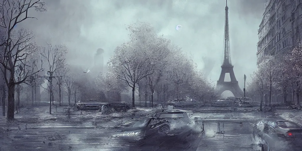 Prompt: nuclear winter, paris, near future, fantasy, sci - fi, hyper realistic, serene morning.