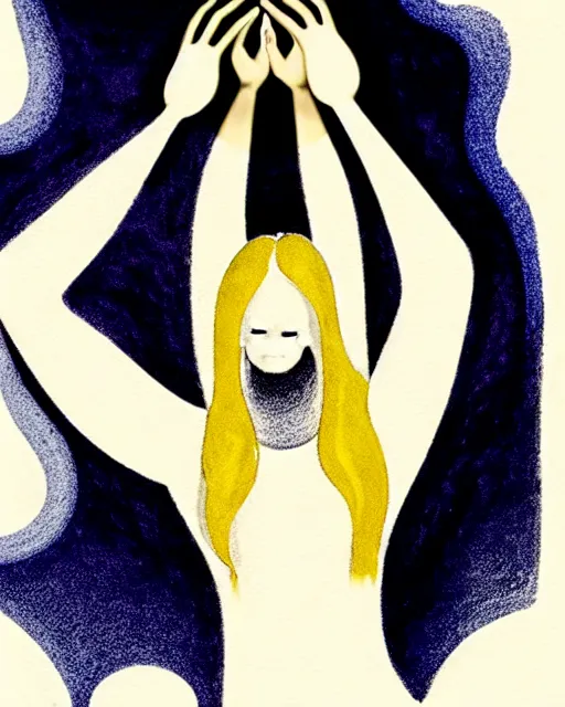 Image similar to bemused to be momentarily sacrificed by a flesh-eating blob creature, hands restrained above her head, a young woman with medium length bright blonde hair and slender figure in a black silk tank top and navy blue gym shorts in complete focus, looking upwards in a room of lava lamps, complex artistic color ink pen sketch illustration, professional composition, subtle detailing, gentle shadowing, fully immersive reflections in her eyes, concept art by Artgerm and Range Murata in collaboration.