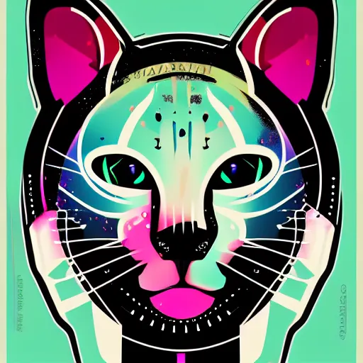 Image similar to a simplified vector based illustration about a cyberpunk kitten, centred face portrait, space colors, smooth and clean vector curves, no jagged lines