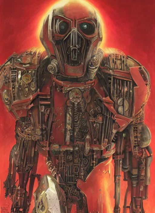 Image similar to portrait of rotten Nicolas Cage as adeptus mechanicus in red hood and robe from Warhammer 40000. Highly detailed, artstation, illustration by and John Blanche and zdislav beksinski and wayne barlowe