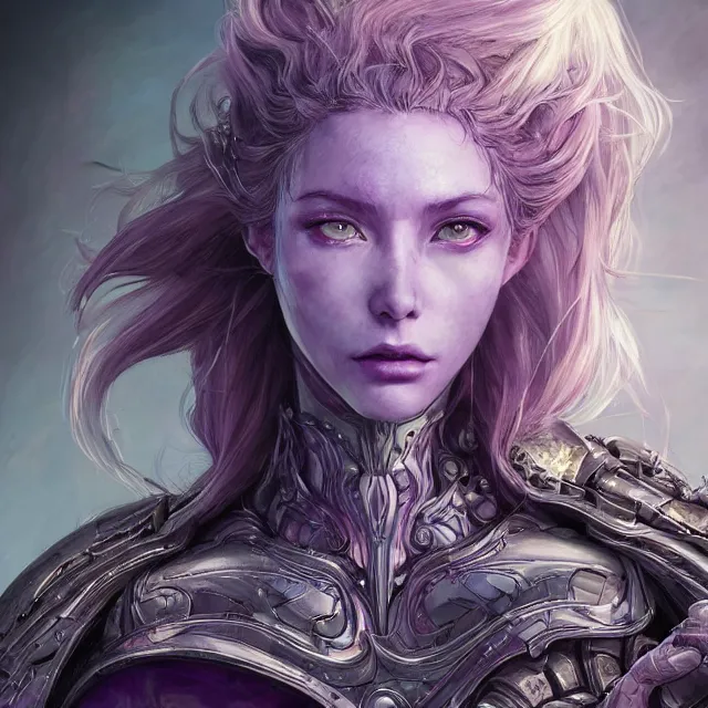 Image similar to close facial portrait of a pale woman in sci - fi armor with a flowing purple, elegant, stoic, intense, ultrafine hyperdetailed illustration by kim jung gi, irakli nadar, intricate linework, sharp focus, bright colors, octopath traveler, final fantasy, hearthstone, highly rendered, global illumination, radiant light, detailed, intricate environment