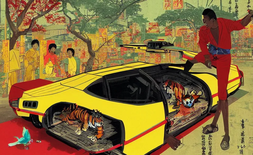 Image similar to a red delorean and a yellow tiger in ajegunle slum of lagos - nigeria, painting by hsiao - ron cheng, utagawa kunisada & salvador dali, magazine collage style,