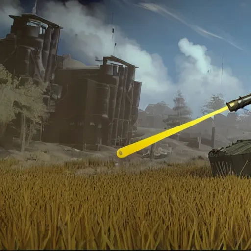 Image similar to a high resolution very detailed image of a 2 with fgm 1 4 8 javelin rocket launcher in russian tank boss fight from nier : automata in yellow rye field under pure blue skies