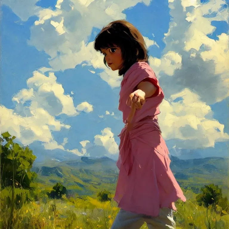 Image similar to Greg Manchess painting of dora the explorer, countryside, fantasy character portrait, dynamic pose, above view, sunny day, thunder clouds in the sky, artwork by Jeremy Lipkin and Giuseppe Dangelico Pino and Michael Garmash and Rob Rey, very coherent asymmetrical artwork, sharp edges, perfect face, simple form, wacky, 100mm