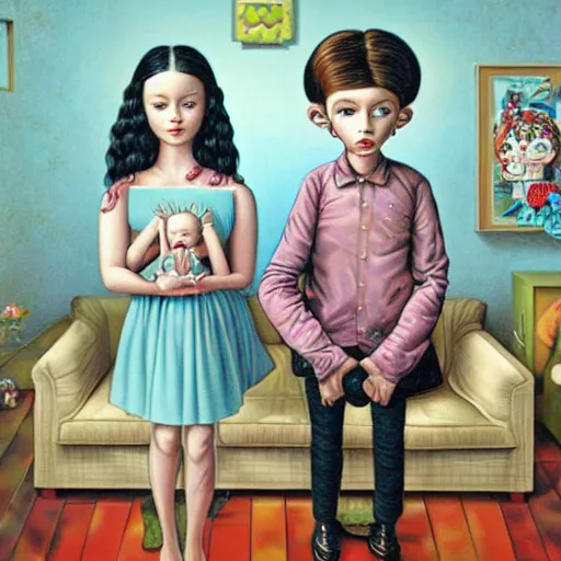 Image similar to a couple and their child portrait, living room wall background, lowbrow art pop surrealism art style, by Mark Ryden and Hikari Shimoda