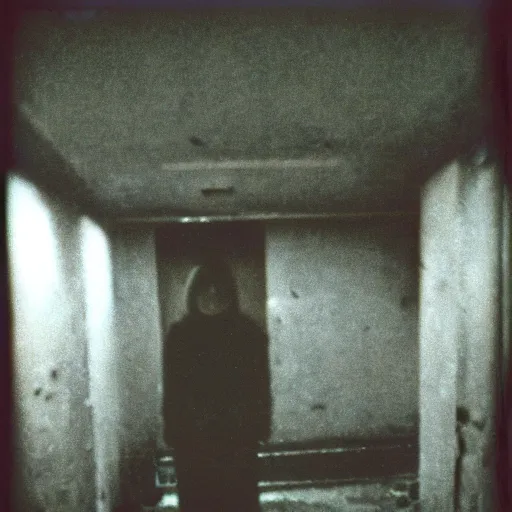 Prompt: a replicant at the top of a dark stairwell, abandoned, creepy, eerie, scary, old polaroid, expired film, out or focus,