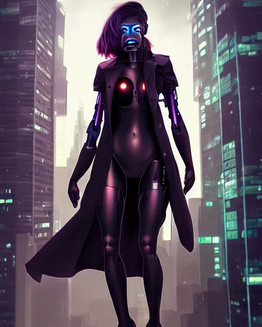 Prompt: photorealistic beautiful half cyborg woman by Artgerm and NeoArtCorE with a mischievous look, the half cyborg woman is wearing a long trench coat, in a dark night rooftop scene by Liam Wong