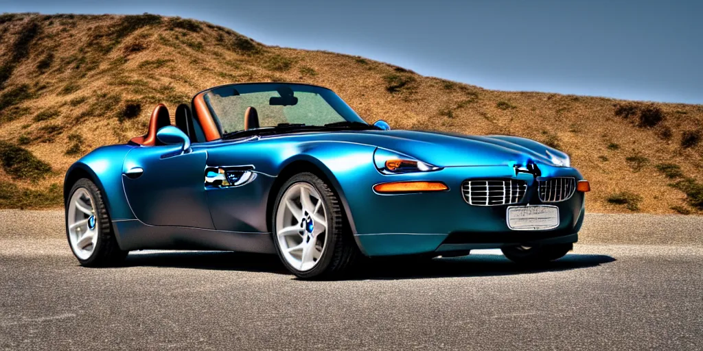 Image similar to photograph, BMW Z8, cinematic, PCH, california coast, 8k, depth of field, bokeh.