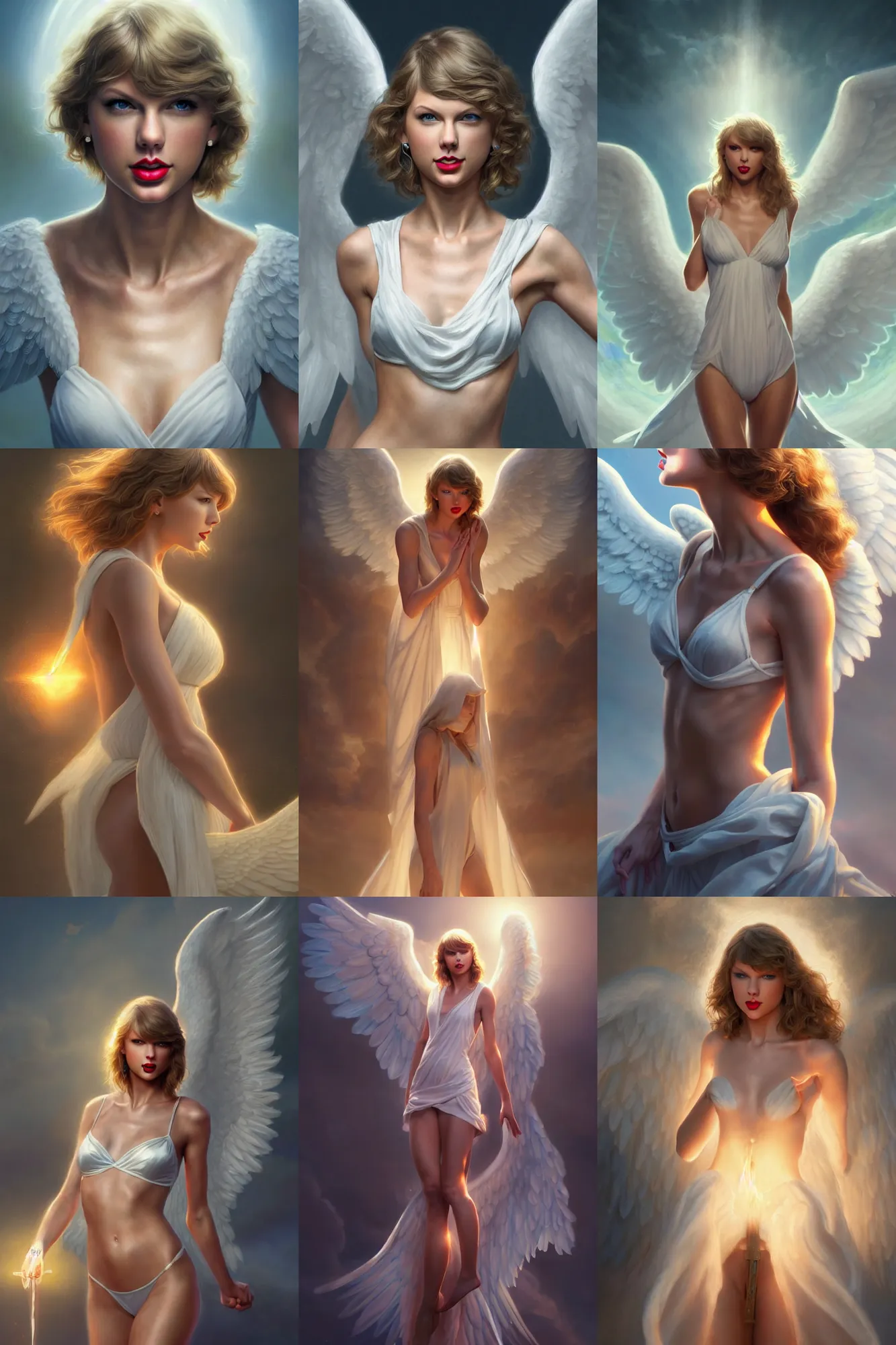 Prompt: taylor swift as a heavenly angel, anatomy, bathing in light, highly detailed, photorealistic, artstation, smooth, sharp focus, illustration, unreal engine 5, 8 k, art by art by artgerm and greg rutkowski and edgar maxence