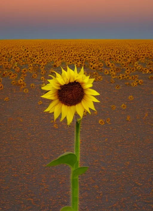 Prompt: an endless desert, only one sunflower in the middle of the desert, a moon in the sky