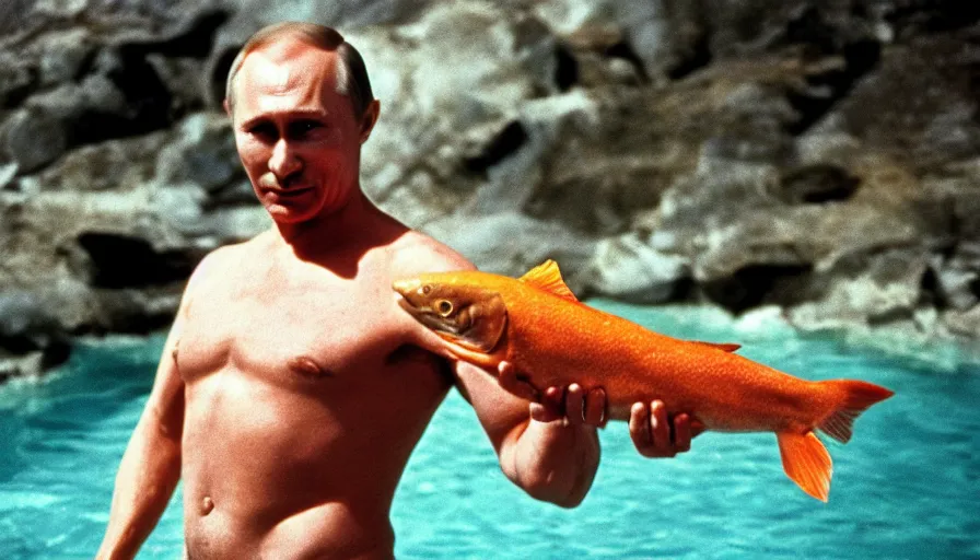 Image similar to 7 0 s movie still of putin in speedo, proudly holding a salmon, focus on face. cinestill 8 0 0 t _ 3 5 mm eastmancolor, heavy grain, high quality, high detail