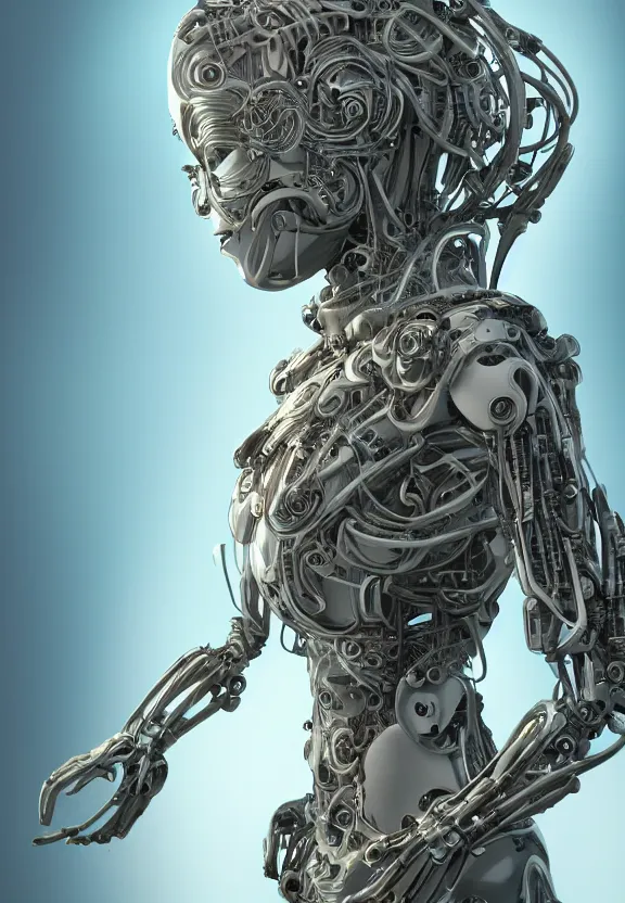 Image similar to perfectly centered portrait, front view of a beautiful biomechanical android alien robot buddha, female, flowing hair, intense stare, sarcastic smile, symmetrical, concept art, intricate detail, volumetric shadows and lighting, octane render, unreal engine,