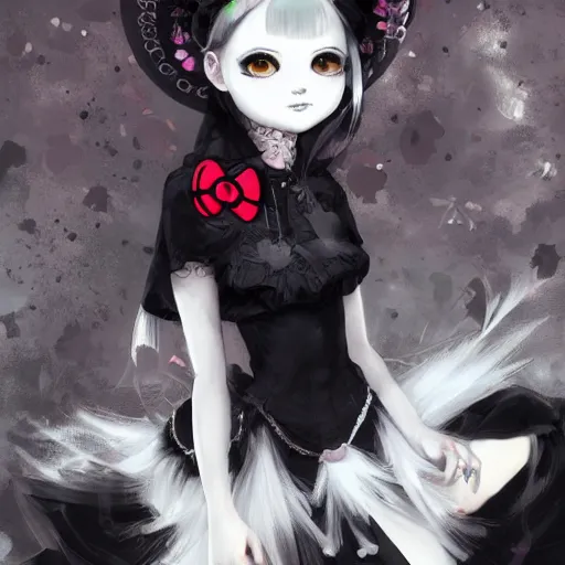 Image similar to Goth girl dressed in a hello kitty outfit, black and white cat next to it, by Stanley Artgerm Lau, WLOP, Rossdraws, James Jean, Andrei Riabovitchev, Marc Simonetti, Yoshitaka Amano, ArtStation, CGSociety,