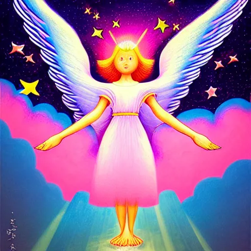 Image similar to abstract biblically accurate angel, giant wings, pink, flower blossoms, stars, night sky, hyper detailed, kawaii, by jacek yerka, lewandowski, hopper and gilleard, ryden, wolfgang lettl, hints of yayoi kasuma