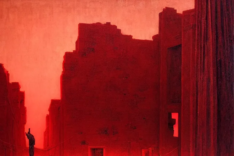 Image similar to only with red, caesar after war, the deal, a red tiger, in hoc signo vinces, rome in background, an ancient path, in the style of beksinski, part by hopper, part by rodcenko, part by hofbauer, intricate composition, red by caravaggio, insanely quality, highly detailed, masterpiece, red light, artstation