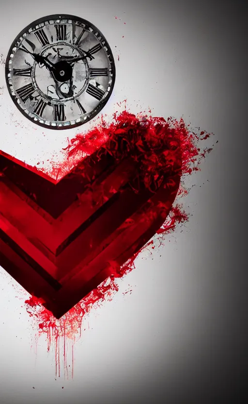 Image similar to a melting Roman numeral clock, behind a red and black gradient background, awith a black heart shaped on the top left corner and a black diamond card shape in the bottom right corner, dynamic lighting, photorealistic fantasy concept art, trending on art station, stunning visuals, cinematic, creative, ultra detailed