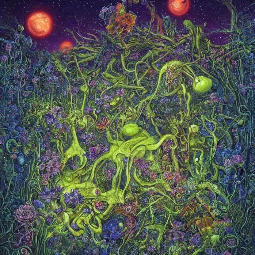 Prompt: painting of aliens in a garden at night by hannah yata and r. s. connett. highly detailed digital art. 3 d perspective. sharp focus. trending on artstation