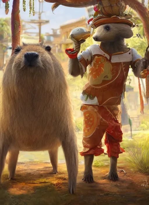 Prompt: detailed full body concept art illustration oil painting of an anthropomorphic capybara cook in full intricate clothing, biomutant, ultra detailed, digital art, octane render