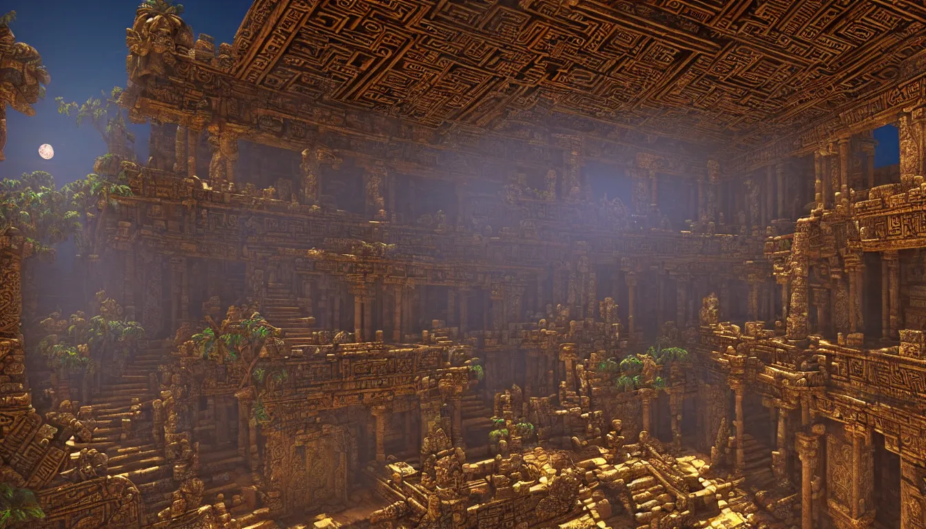 Image similar to majestic expansive ancient mayan temple halls , side-scrolling 2d platformer game level, glittering dust in the air illuminated by the dusk sun through the ceiling cracks, fantasy totem ruins with intricate mayan glyphs, volumetric light , detailed carved ornaments, rich color, upscale , 8k