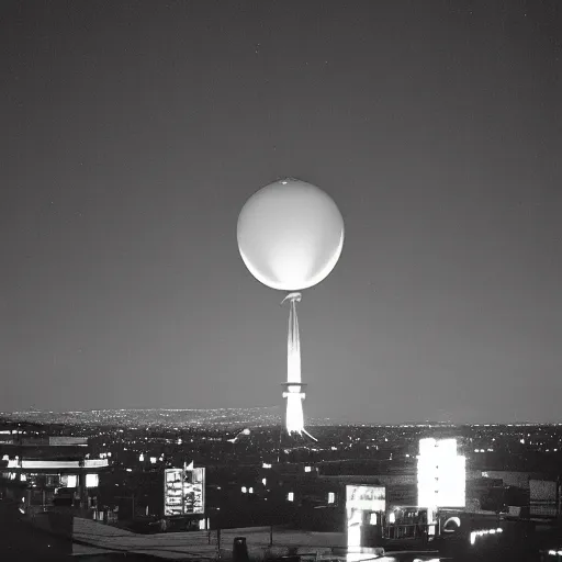 Image similar to a picture of an ufo above an television tower at night, 1 9 6 0's, black and white