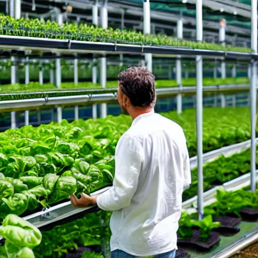 Prompt: man looking over hydroponic farm, satisfied, working, happy, hd